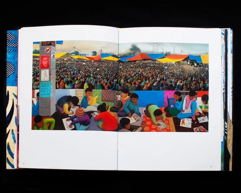 Har Shaam Shaheen Bagh bookspread image; ‘Read and Resist’ a painting by artist Sameer Kulavoor, depicts the protest as viewed from the children’s perspective